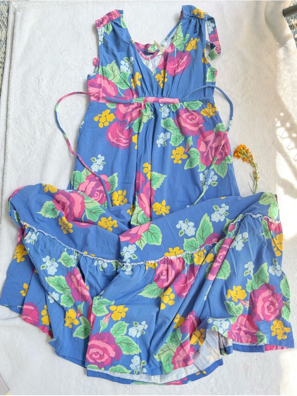 Matilda Jane Blue Floral Tiered Maxi Dress with Pink Roses Medium
